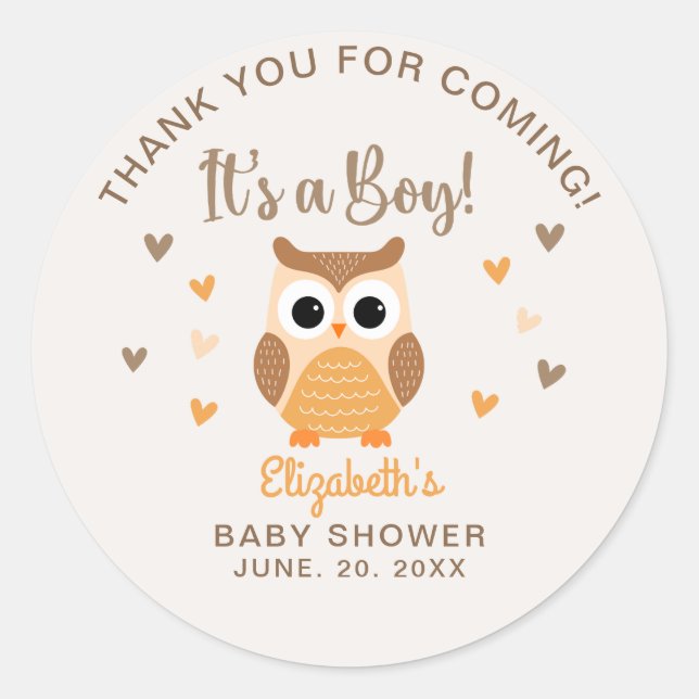 Adesivo Redondo Adorable Owl Baby Shower Boy Boho (Frente)