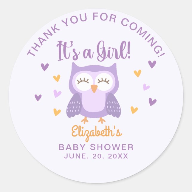 Adesivo Redondo Adorable Owl Baby Shower Girl (Frente)