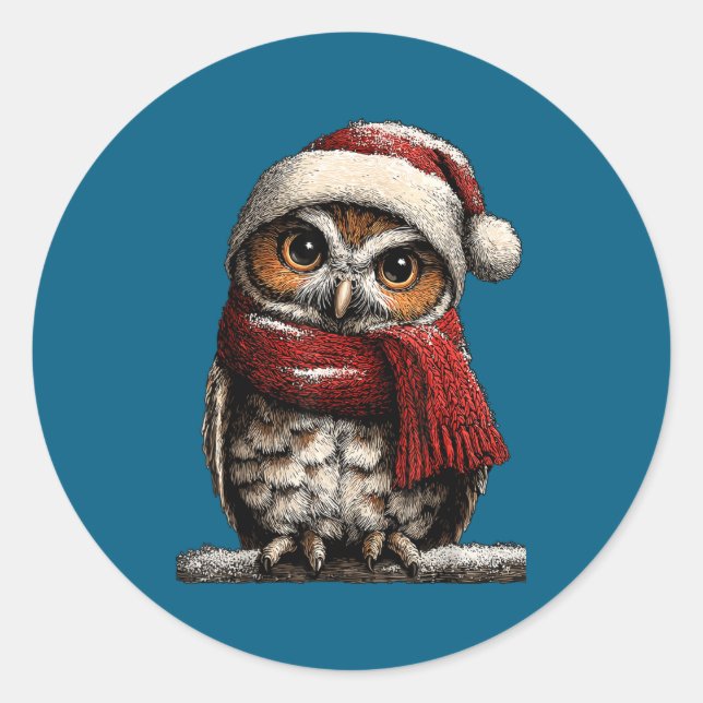 Adesivo Redondo Adorable Owl With Santa Hat Snowy Winter Christmas (Frente)