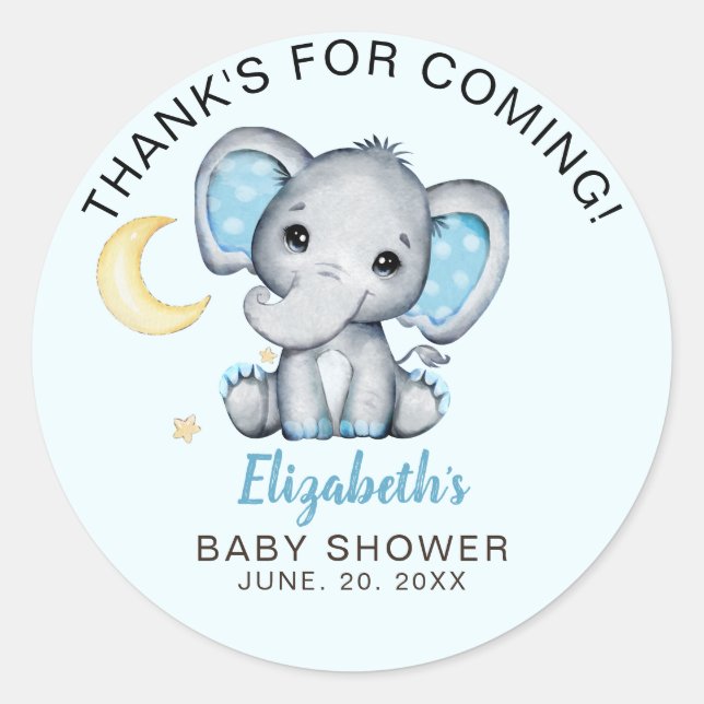 Adesivo Redondo Adorable Watercolor Elephant Baby Shower boy (Frente)