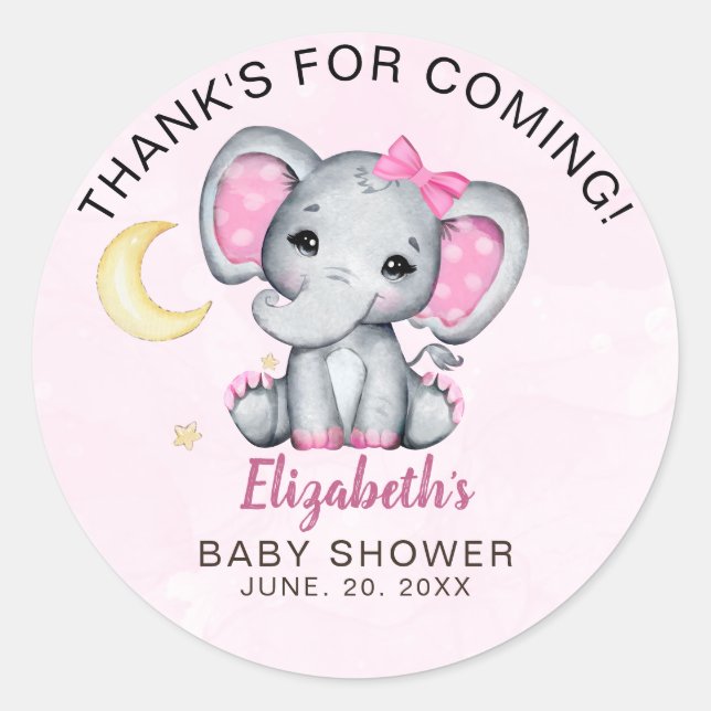 Adesivo Redondo Adorable Watercolor Elephant Baby Shower Girl (Frente)