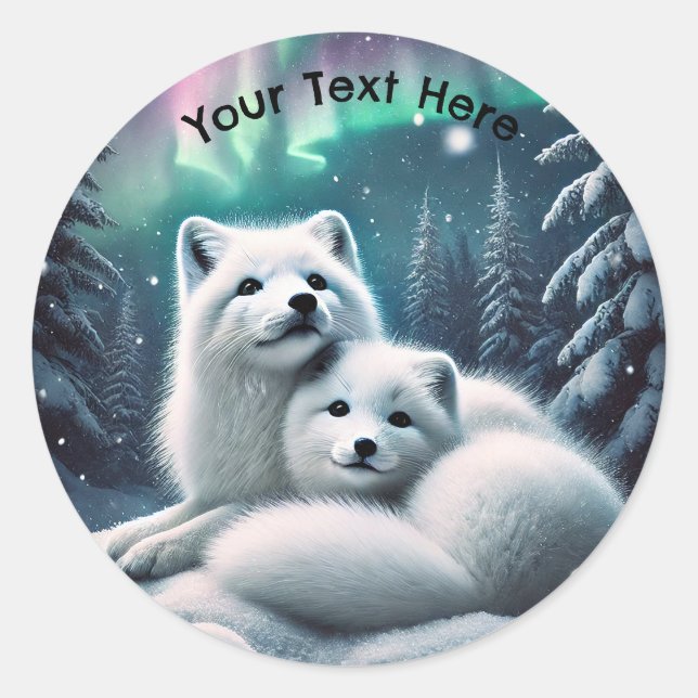 Adesivo Redondo Adorando Raposas Árcticas Luzes Nortes Floresta Ne (Frente)