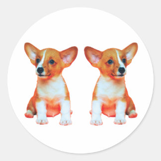 Adesivo Redondo Adoráveis Filhotes de Corgi Gêmeos Sticker Redondo