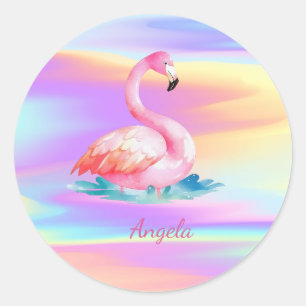 Adesivo Redondo Adoráveis Flamingos Rosa Holográficos Fofos