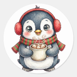 Adesivo Redondo Adoráveis Protetores de Ouvido de Pinguim Cacau Qu