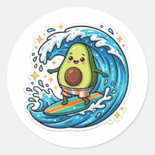 Adesivo Redondo Adorável Abacate de Surf Kawaii Onda do Oceano Sti