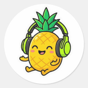 Adesivo Redondo Adorável Abacaxi Kawaii Usando Fones de Ouvido SuS