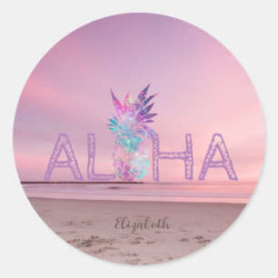 Adesivo Redondo Adorável Aloha Abacaxi Havaiano, Pôr do Sol na Pra