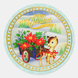 Adesivo Redondo Adorável Carrinho de Flores e Rena de Natal Vintag