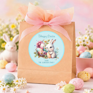 Adesivo Redondo Adorável Coelho de Páscoa em Aquarela Azul Clássic