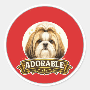Adesivo Redondo Adorável Crachá Vintage de Cachorro Shih Tzu