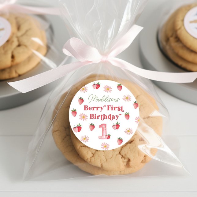 Adesivo Redondo Adorável Daisy Pastel Berry Primeiro Aniversário (Criador carregado)
