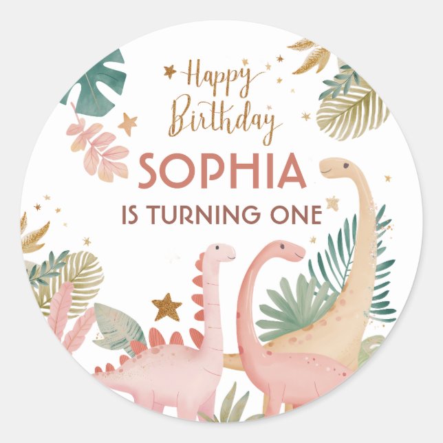 Adesivo Redondo Adorável Dino Rosa (Frente)