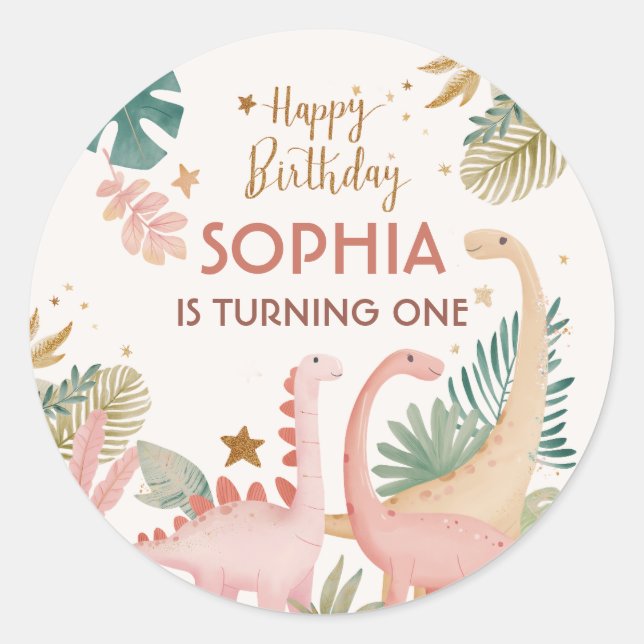 Adesivo Redondo Adorável Dino Rosa (Frente)