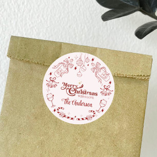 Adesivo Redondo Adorável doodle de Natal rosa com nome da família