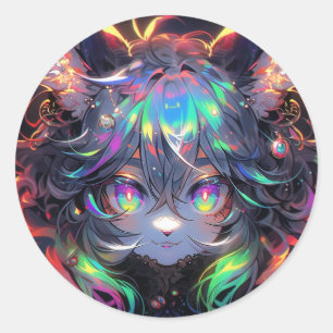 Adesivo Redondo Adorável Gata Arco-Íris Furry Anime