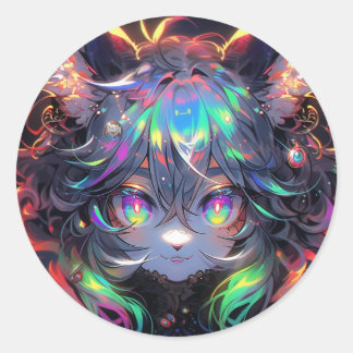 Adesivo Redondo Adorável Gata Arco-Íris Furry Anime