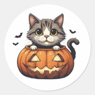 Adesivo Redondo Adorável Gatinho no Tema de Abóbora de Halloween �