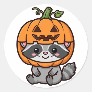 Adesivo Redondo Adorável Guaxinim Abóbora Chapéu Halloween