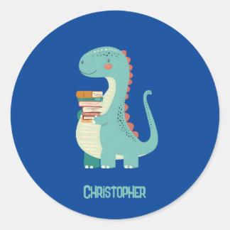 Adesivo Redondo Adorável Livro De Dinossauros Com Nome Para Crianç