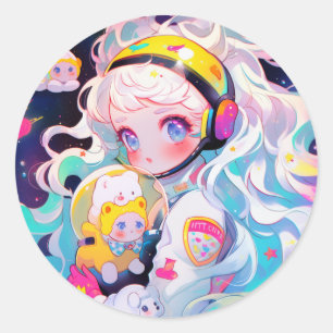 Adesivo Redondo Adorável Menina de Animação Kawaii no Espaço