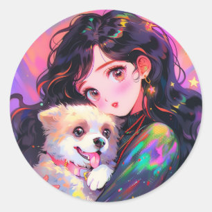 Adesivo Redondo Adorável Menina de Animação Retro e Seu Cachorro