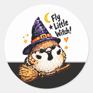Adesivo Redondo Adorável passarinho Chibi Halloween Bruxa divertid