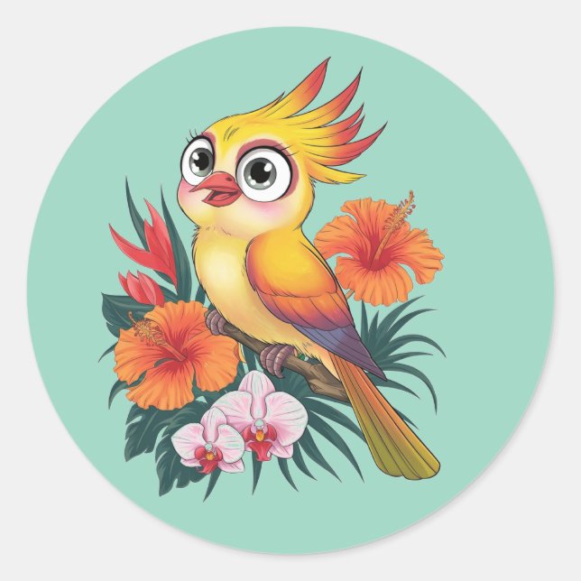 Adesivo Redondo Adorável Pássaros Amarelos com flores (Frente)