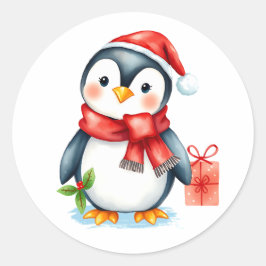 Adesivo Redondo Adorável Pinguim de Natal Festivo