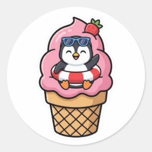 Adesivo Redondo Adorável Pinguim Kawaii Cone de Sorvete Verão BSti