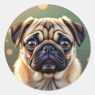 Adesivo Redondo Adorável Pug de perto Cachorro Fofo