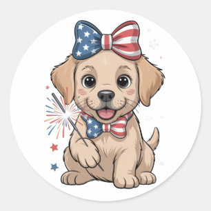 Adesivo Redondo Adorável Puppy Patriótico 4 de julho Celebração
