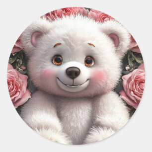 Adesivo Redondo Adorável Urso com Design Floral – Presente Doce, R