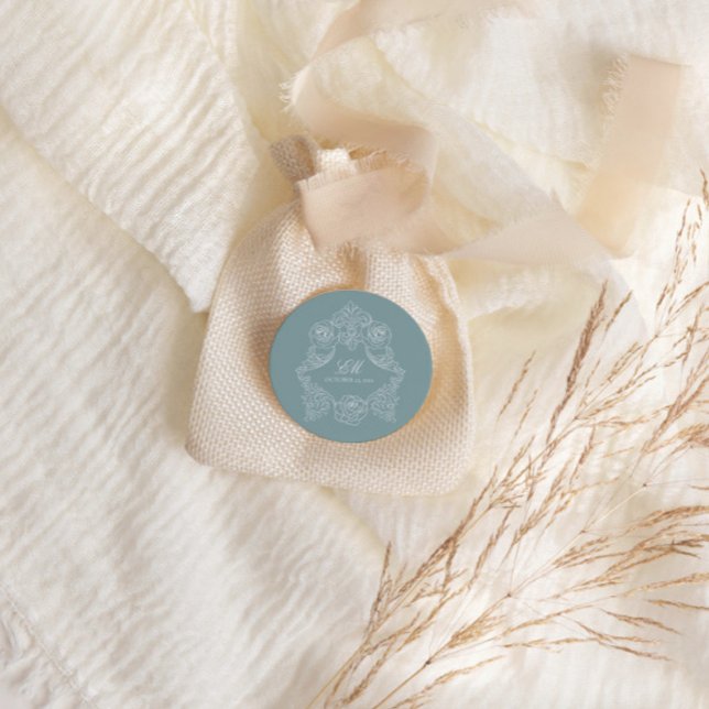 Adesivo Redondo Adorno de Crista de Monograma Casamento Azul Poeir (Criador carregado)