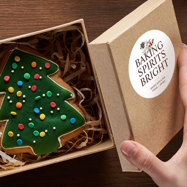 Adesivo Redondo Adornos Natalinos Assando Espíritos Alegres (Holiday Greenery Baking Spirits Bright Classic Round Sticker)