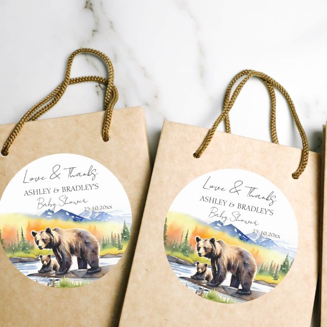 Adesivo Redondo Adventure aguarda chá de fraldas obrigado que você (Adventure awaits national parks themed baby shower favor gift thank you stickers bear cub mam bear )
