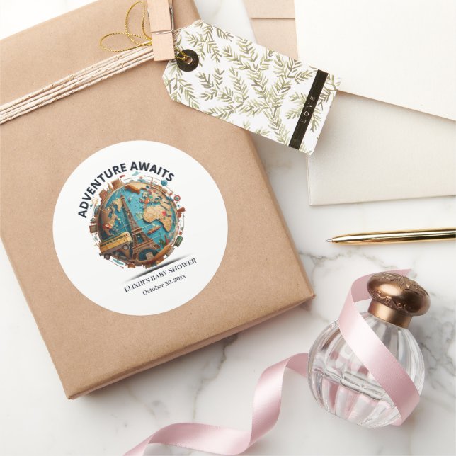 Adesivo Redondo Adventure aguarda o Chá de fraldas moderno do glob (Presentear)