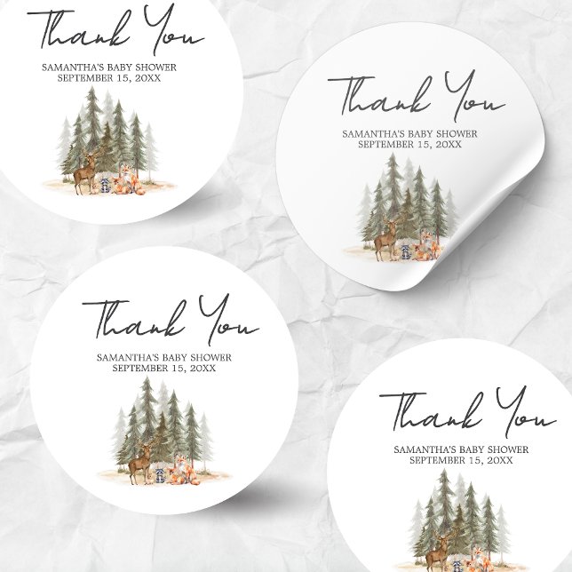 Adesivo Redondo Adventure Begin Woodland Animal Chá de fraldas (Let the Adventure Begin Woodland Animals Baby Shower Sticker)