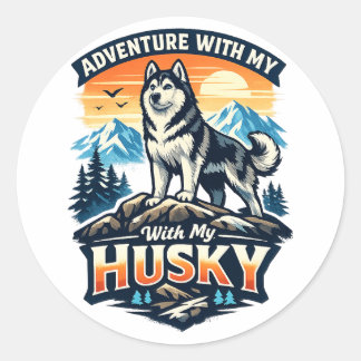 Adesivo Redondo Adventure With My Husky Dog Lover Sticker