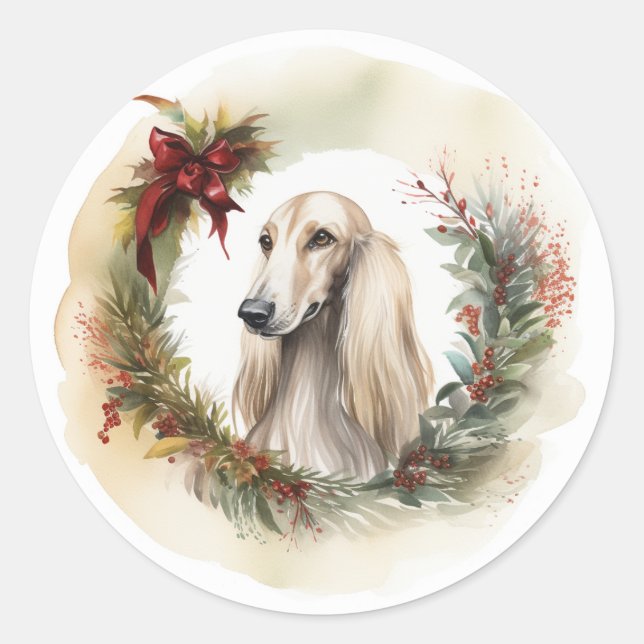 Adesivo Redondo Afghan Hound Christmas Wreath Festivo Pup (Frente)