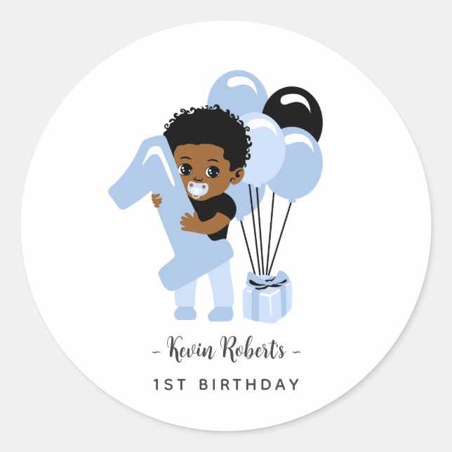 Adesivo Redondo African American Blue Baby Boy 1st Birthday   (Frente)