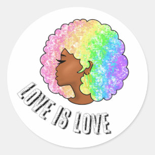 Adesivo Redondo afro arco-íris amor LGBTQ é amor orgulho garota ne