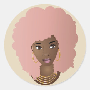 Adesivo Redondo Afro Rosa, Vinhetas de Beleza Natural