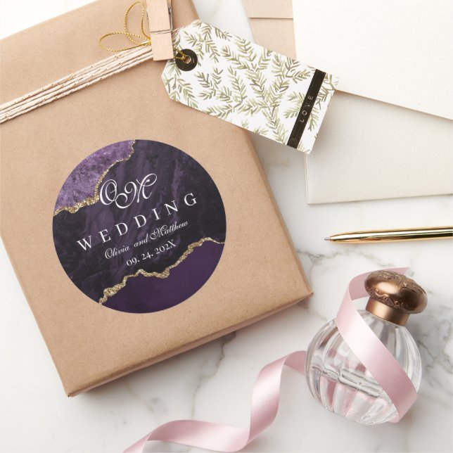 Adesivo Redondo Agate Roxo e Dourado Escrito De Casamento Luxo (Presentear)