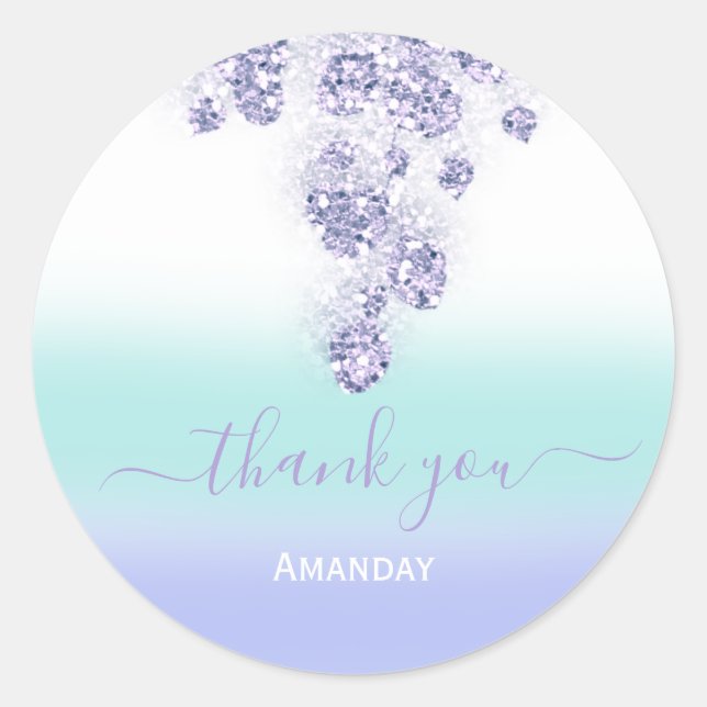 Adesivo Redondo Agradeça Floral Roxo Azul Casamento Doce 16º (Frente)