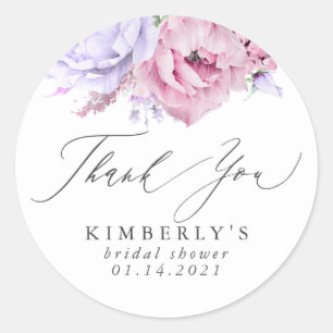 Adesivo Redondo Agradecimento Botânico Floral Roxo e Rosa Empoeira