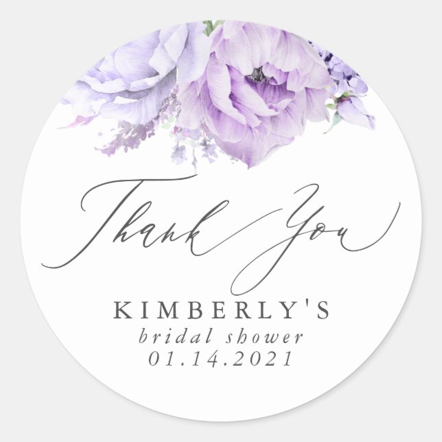 Adesivo Redondo Agradecimento Botânico Floral Roxo Pó (Frente)