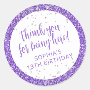 Adesivo Redondo Agradecimento Confete Lilas Prateado Brilhante