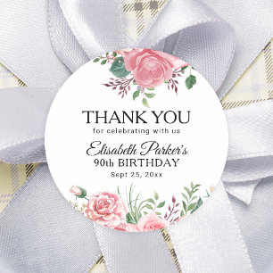 Adesivo Redondo Agradecimento de 90º aniversário floral rosa elega