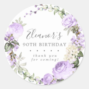 Adesivo Redondo Agradecimento de 90º Aniversário Floral Roxo Rústi